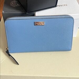 kate spade Light Blue Zip Around Saffiano Wallet with Gold Plaque